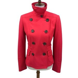 Per Se Carlisle Coral Red Wool Double Breasted Military Peplum Pea Coat Jacket
